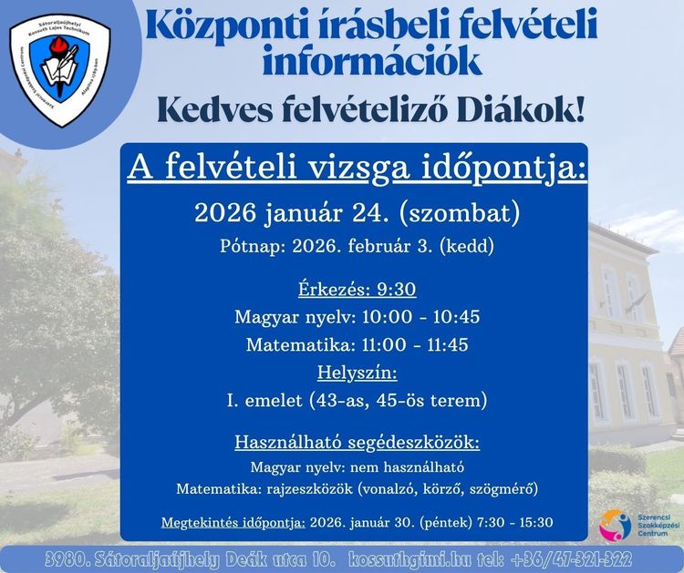 Központi írásbeli felvételi információk