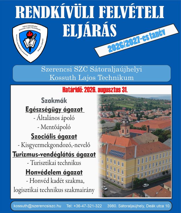 Rendkívüli felvételi eljárás a 2026/2027-es tanévre